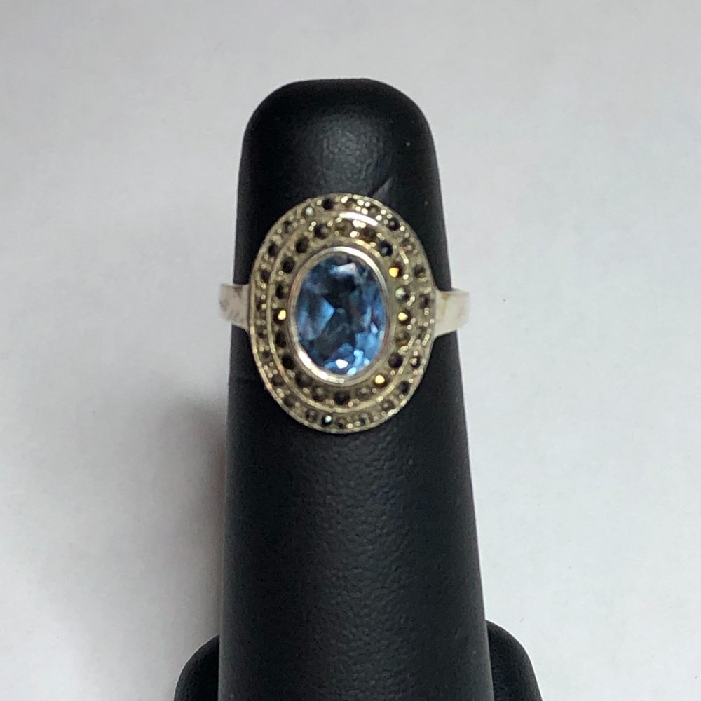 Sterling Silver Blue Topaz and Marcasite Ring